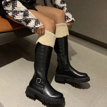Нова Дамски обувки на платформа до коляното с катарама, Дълги Ботуши в готически стил на среден ток, Зимни Топли Гладиаторски обувки Челси, Chaussures Femme 2022