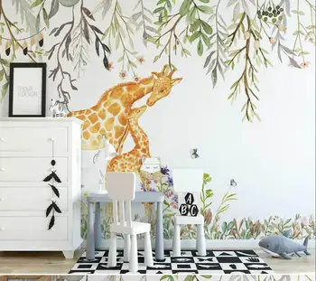 Потребителски 3d тапети на стенописите ръчно рисувани романтични цветя и растения сладък жираф детска стая фантазия на фона на стената