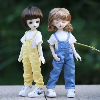 Кукла Костюм BJD за 1/6 лесен за тон тениска с кръгло деколте и джобове за дънки стягане на ежедневни ежедневни облекла син бял и жълт костюм